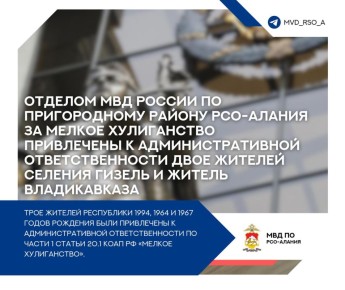 Отделом МВД России по Пригородному району РСО-Алания за мелкое хулиганство привлечены к административной ответственности двое жителей селения Гизель и житель Владикавказа