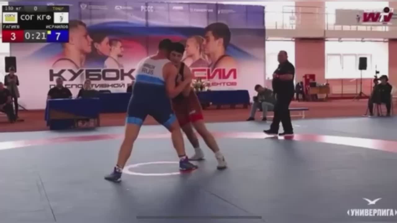 Мощный четырёхбалльный бросок Астана Гагиева на последних секундах периода в финале весовой категории до 130 кг на Кубке России среди студентов по греко - римской борьбе