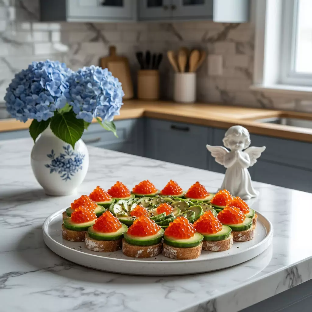 Изысканная брускетта с красной икрой, авокадо и огурцом