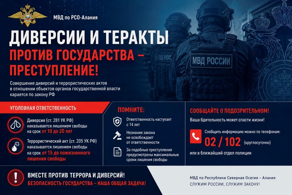 МВД по РСО-Алания предупреждает об ответственности за диверсии и теракты в отношении объектов органов государственной власти, операторов связи и транспортной инфраструктуры МВД по РСО-Алания предупреждает об ответственности за диверсии и теракты в отношении объектов органов государственной власти, операторов связи и транспортной инфраструктуры