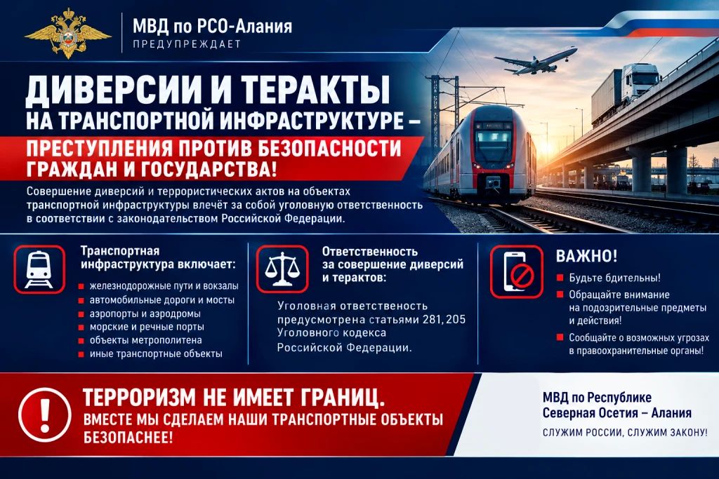 МВД по РСО-Алания предупреждает об ответственности за диверсии и теракты в отношении объектов органов государственной власти, операторов связи и транспортной инфраструктуры МВД по РСО-Алания предупреждает об ответственности за диверсии и теракты в отношении объектов органов государственной власти, операторов связи и транспортной инфраструктуры