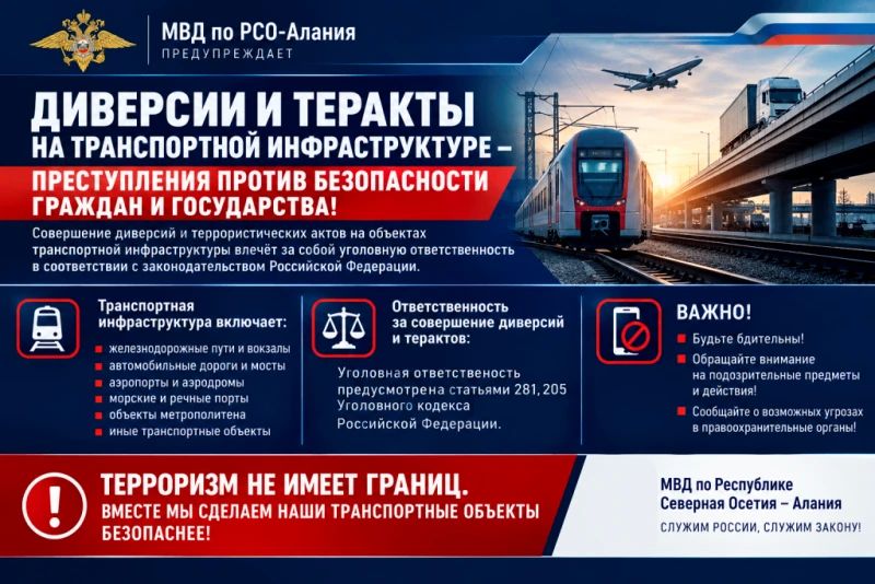 МВД по РСО-Алания предупреждает об ответственности за диверсии и теракты в отношении объектов органов государственной власти, операторов связи и транспортной инфраструктуры МВД по РСО-Алания предупреждает об ответственности за диверсии и теракты в отношении объектов органов государственной власти, операторов связи и транспортной инфраструктуры