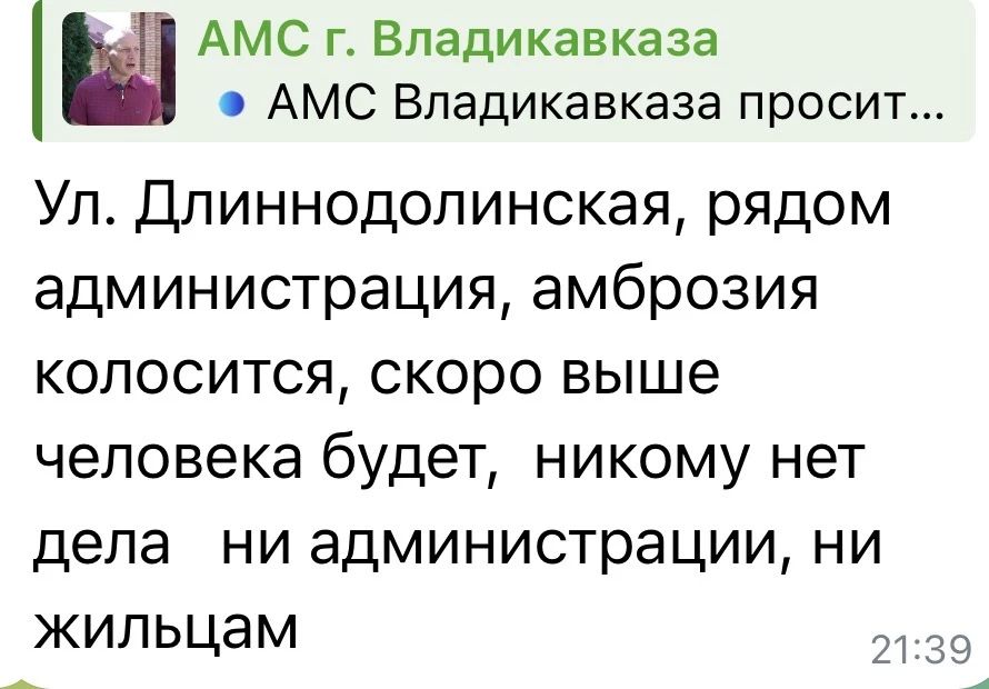 ВЫ/МЫ. Вы написали:. «Ул. Длиннодолинская, рядом администрация, амброзия колосится, скоро выше человека будет, никому нет дела ни администрации, ни жильцам» ВЫ/МЫ. Вы написали:. «Ул. Длиннодолинская, рядом администрация, амброзия колосится, скоро выше человека будет, никому нет дела ни администрации, ни жильцам»